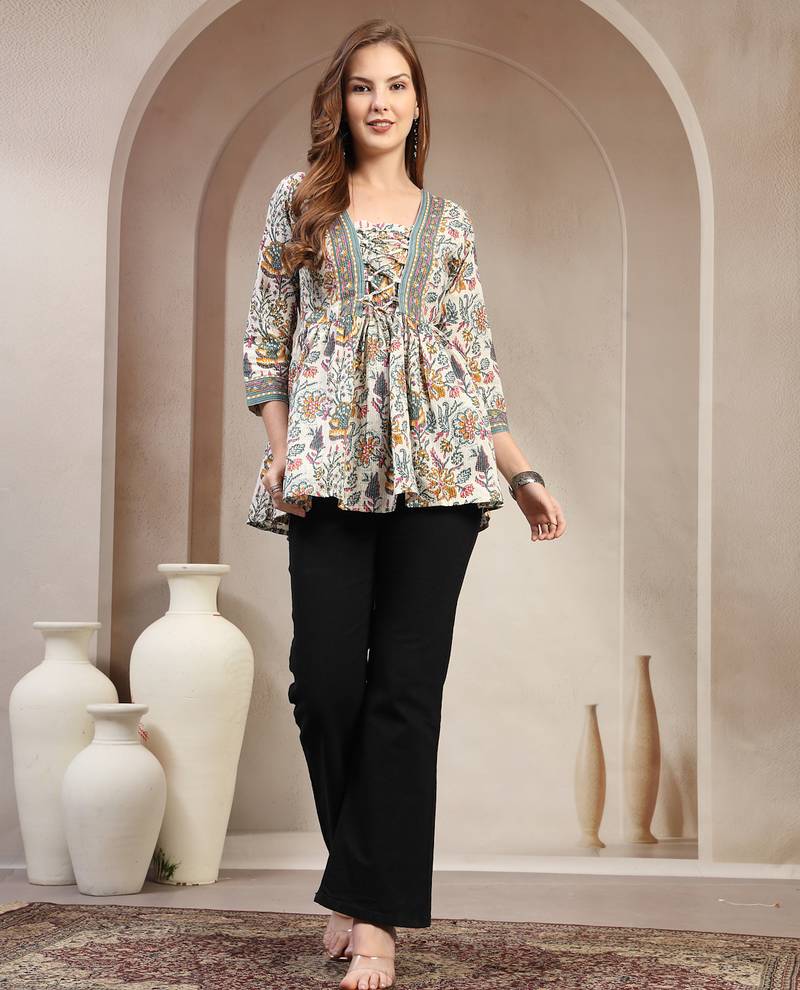 White floral printed cotton flared top for women