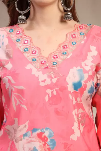 Pink floral printed rayon stitched straight kurta set with patiala salwar for women