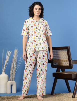 White printed cotton peter pan collar co-ord night suit for women 1