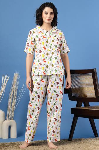 White printed cotton peter pan collar co-ord night suit for women