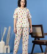White printed cotton peter pan collar co-ord night suit for women