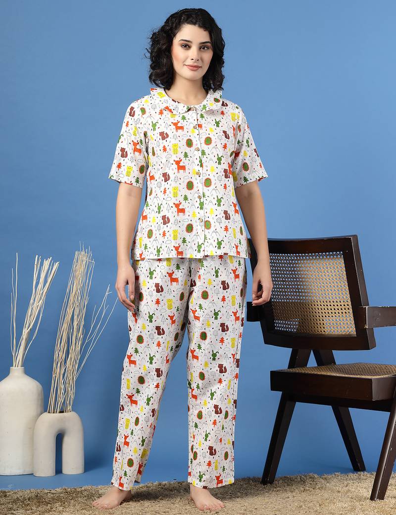 White printed cotton peter pan collar co-ord night suit for women