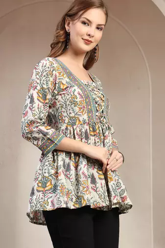 White floral printed cotton flared top for women