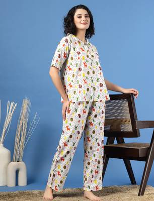 White printed cotton peter pan collar co-ord night suit for women 2