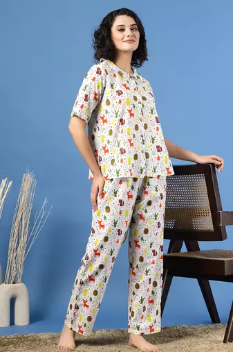 White printed cotton peter pan collar co-ord night suit for women