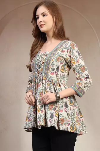 White floral printed cotton flared top for women