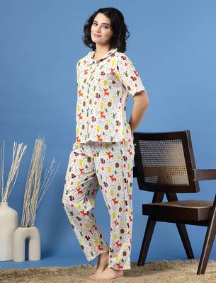 White printed cotton peter pan collar co-ord night suit for women 3