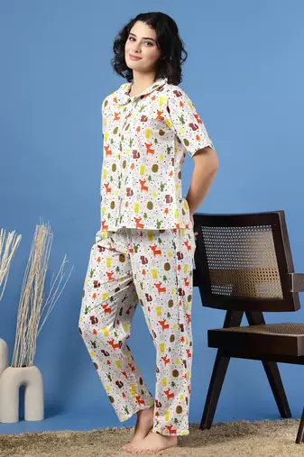 White printed cotton peter pan collar co-ord night suit for women