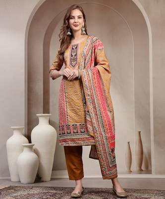 Yellow floral printed cotton stitched straight kurta set with pyjama for women 1
