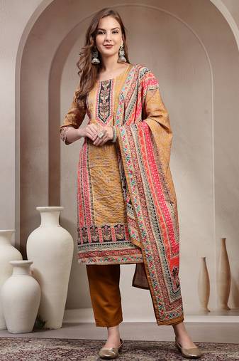 Yellow floral printed cotton stitched straight kurta set with pyjama for women