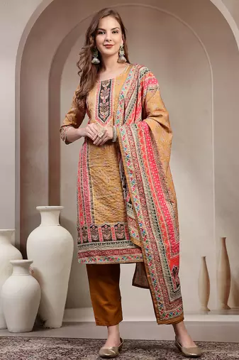 Yellow floral printed cotton stitched straight kurta set with pyjama for women