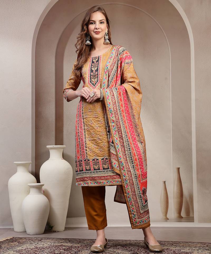 Yellow floral printed cotton stitched straight kurta set with pyjama for women
