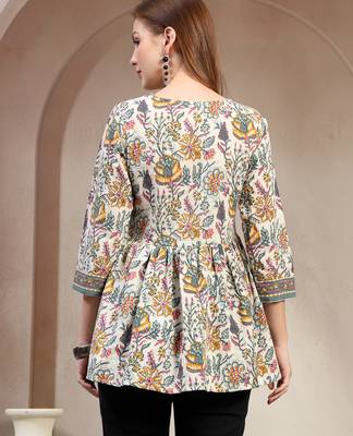 White floral printed cotton flared top for women 4