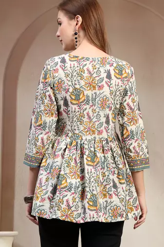 White floral printed cotton flared top for women
