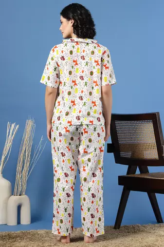 White printed cotton peter pan collar co-ord night suit for women