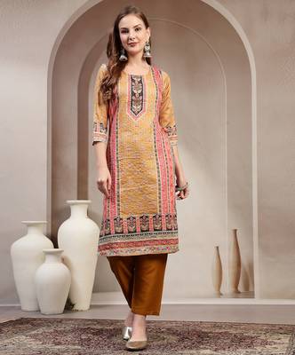 Yellow floral printed cotton stitched straight kurta set with pyjama for women 2