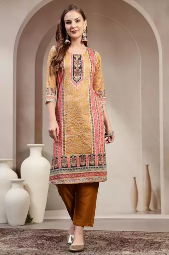 Yellow floral printed cotton stitched straight kurta set with pyjama for women