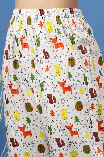 White printed cotton peter pan collar co-ord night suit for women