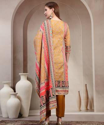 Yellow floral printed cotton stitched straight kurta set with pyjama for women 3