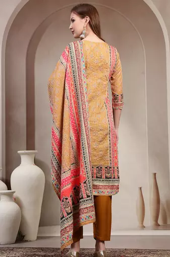 Yellow floral printed cotton stitched straight kurta set with pyjama for women
