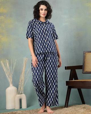 Blue printed cotton peter pan collar co-ord night suit for women 1