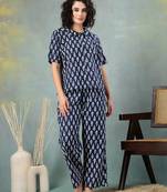 Blue printed cotton peter pan collar co-ord night suit for women