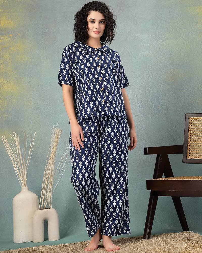 Blue printed cotton peter pan collar co-ord night suit for women