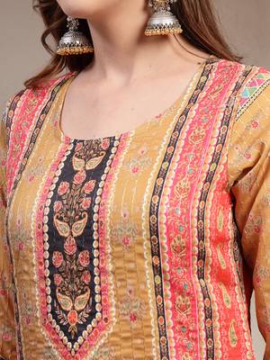 Yellow floral printed cotton stitched straight kurta set with pyjama for women 4