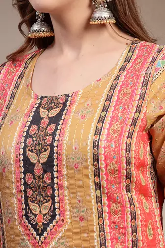 Yellow floral printed cotton stitched straight kurta set with pyjama for women