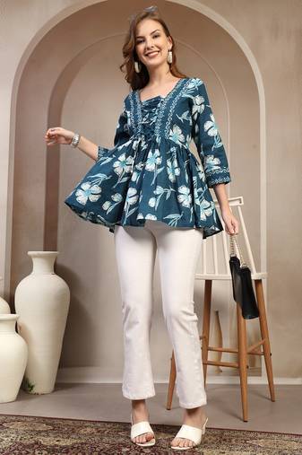Sky-blue floral printed cotton flared top for women