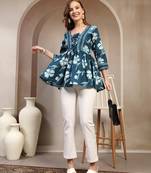 Sky-blue floral printed cotton flared top for women