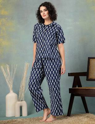 Blue printed cotton peter pan collar co-ord night suit for women 2