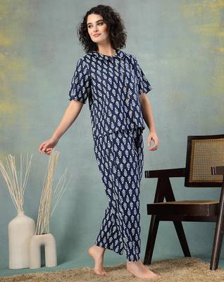 Blue printed cotton peter pan collar co-ord night suit for women 3