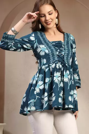 Sky-blue floral printed cotton flared top for women