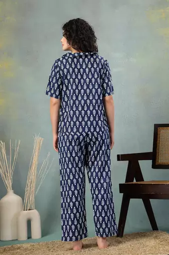 Blue printed cotton peter pan collar co-ord night suit for women