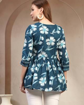 Sky-blue floral printed cotton flared top for women 4