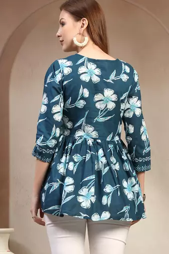 Sky-blue floral printed cotton flared top for women