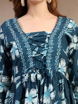 Sky-blue floral printed cotton flared top for women 5