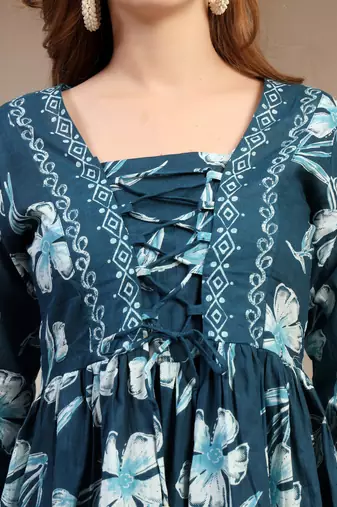 Sky-blue floral printed cotton flared top for women