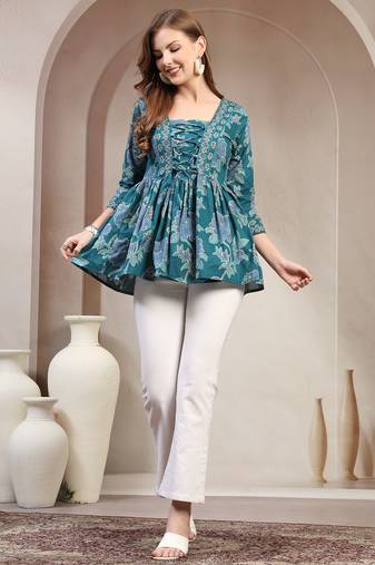 Teal floral printed cotton flared top for women