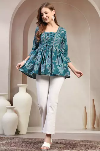 Teal floral printed cotton flared top for women