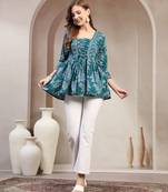 Teal floral printed cotton flared top for women