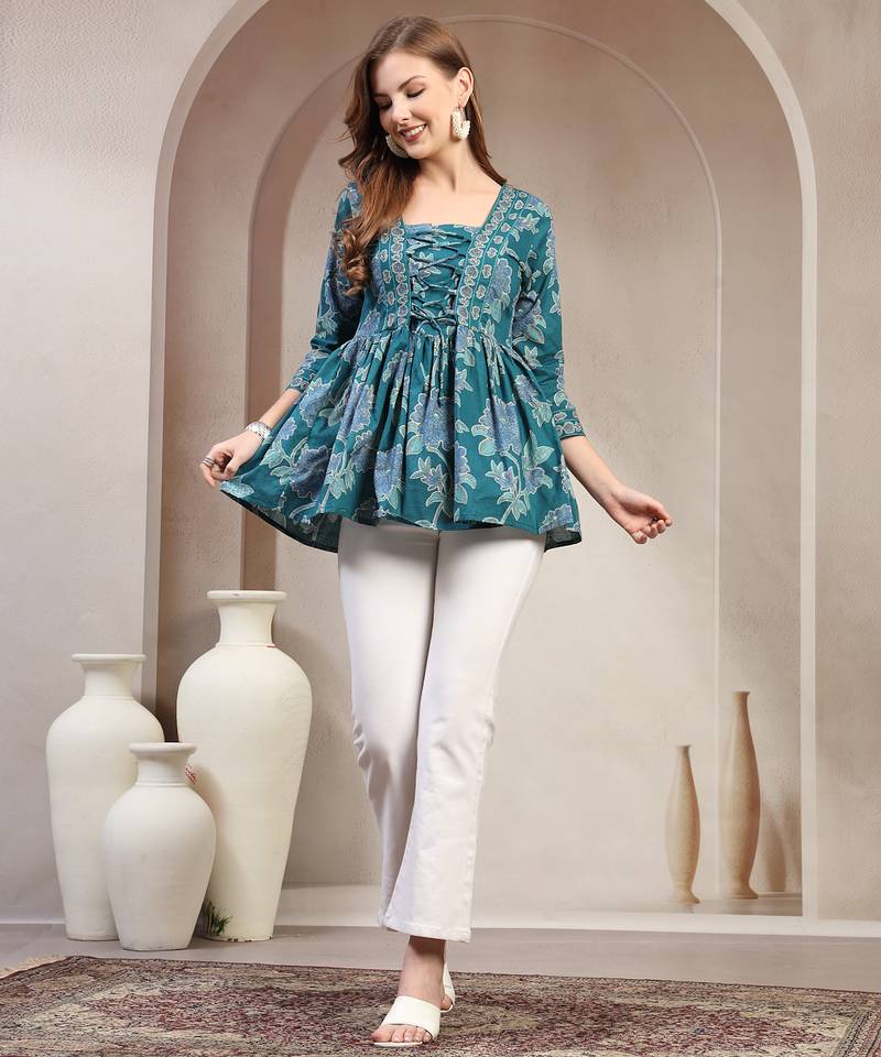 Teal floral printed cotton flared top for women