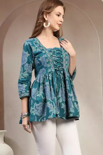 Teal floral printed cotton flared top for women