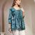 Teal floral printed cotton flared top for women