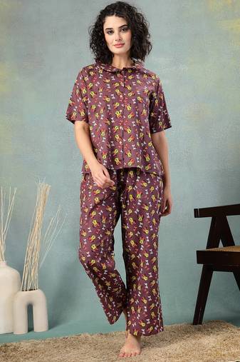 Brown printed cotton peter pan collar co-ord night suit for women