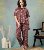 Brown printed cotton peter pan collar co-ord night suit for women