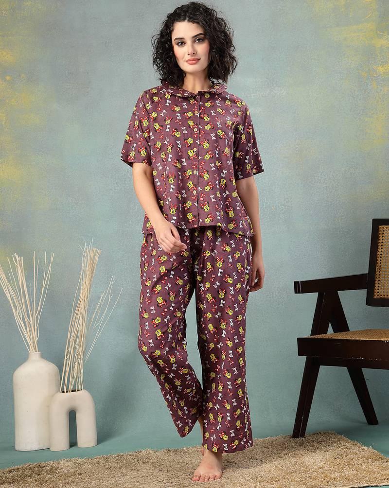 Brown printed cotton peter pan collar co-ord night suit for women