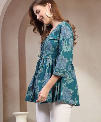 Teal floral printed cotton flared top for women 3