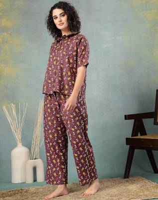 Brown printed cotton peter pan collar co-ord night suit for women 2